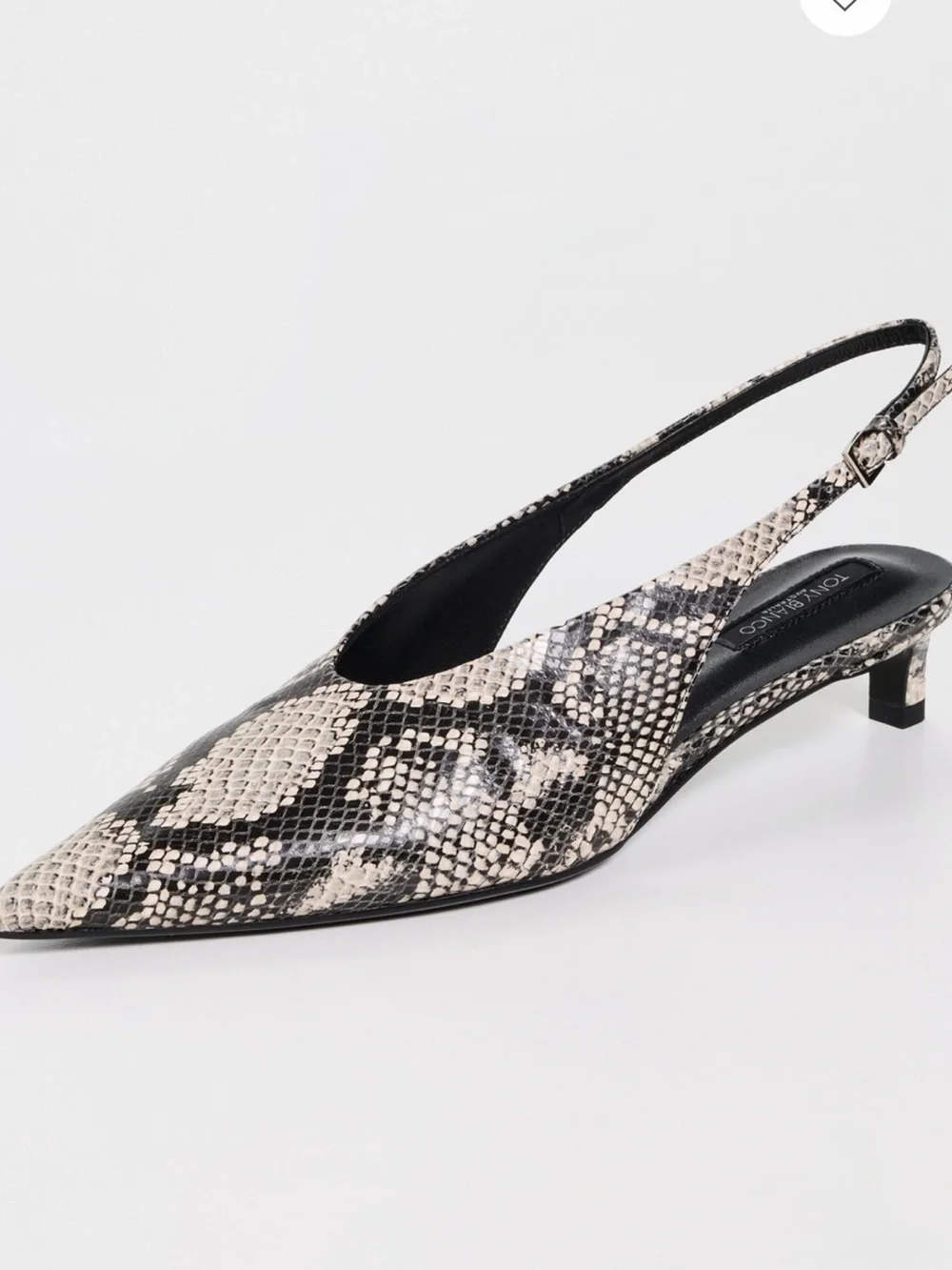NWOT Tony Bianco Charlie Pointed Slingback Kitten Heel in Black and Cream Snake